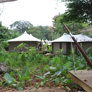 Bungalows covered with stretched canvases in white